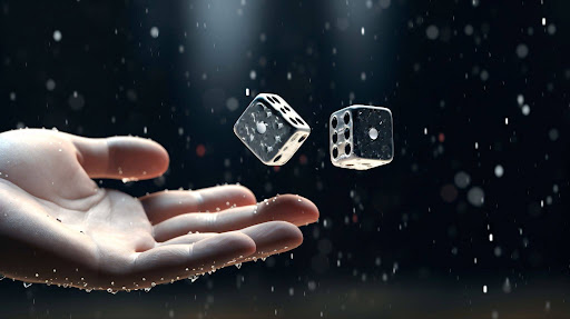 Hand holding floating dice in a dark cinematic setting, representing chance, decision-making, and uncertainty in the gaming industry.